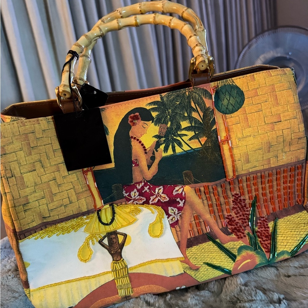 Paradox Vintage Bag Hawaiian Design Bamboo Handles NWT